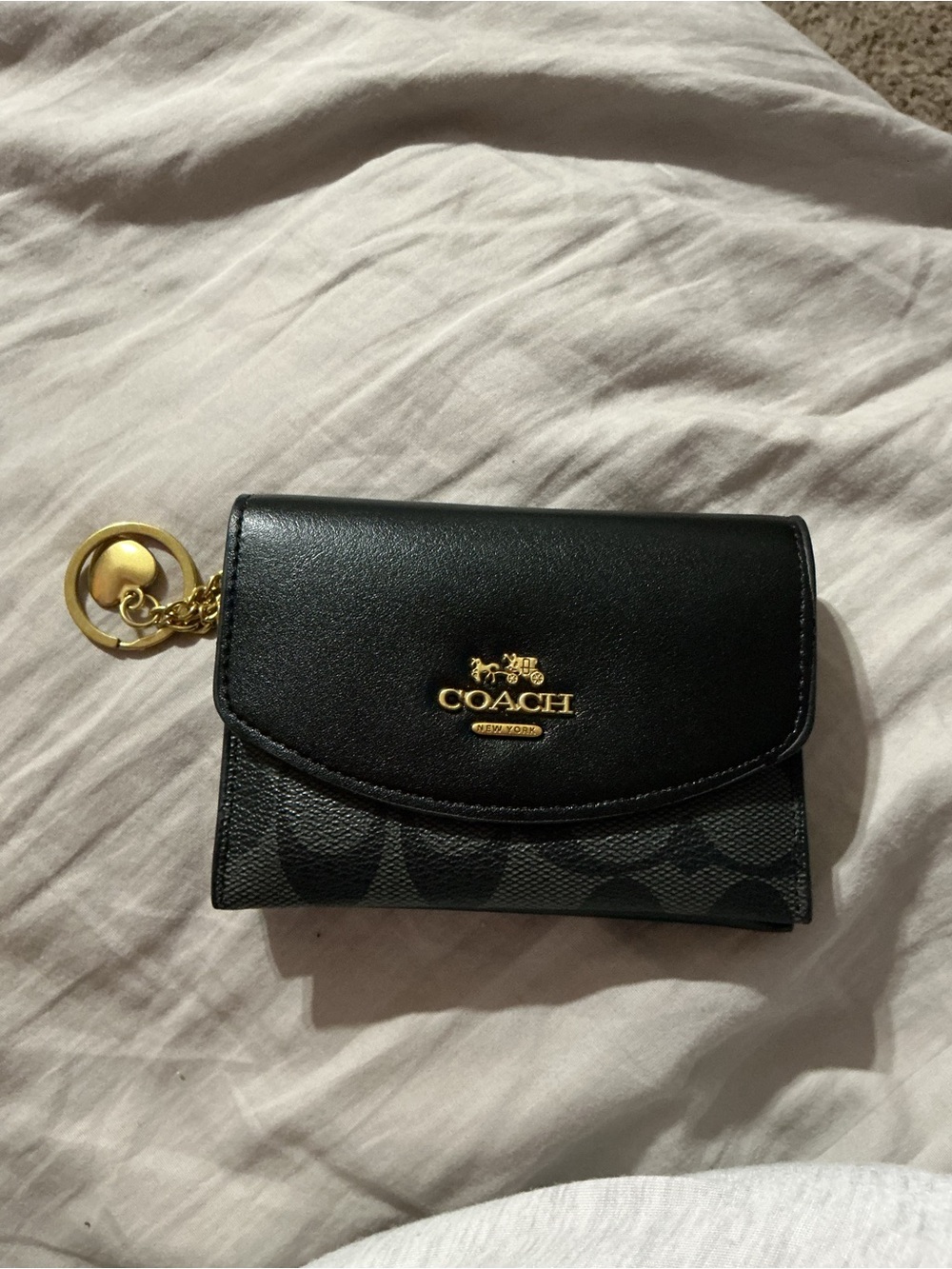 Coach Black Compact Signature Card Case with Gold Keyring